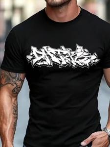 Regular Fit Black And White Street Graffiti Alphabet Graphic Short-Sleeve T-Shirt Vintage Hip-Hop Skate Streetwear Crew Neck Casual T-Shirt