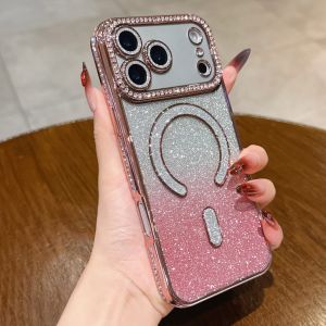 Glitter Gradient Magnetic Phone Case For iPhone 18 Pro Max 17 air 16 plus 15 14 Bling Rhinestone Camera Frame Shockproof Protective Cover Electroplated Edge Slim Casing For Women Girls