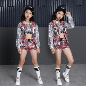 LOlanta Girls Jazz Dance Street Dance Modern Dance Costumes Fashion Kids Glitter Pink Sequin Crop Tops Shorts Jacket Childrens Hip Hop Dance Stage Performance Wear