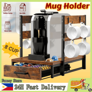 Tabletop Coffee Mug Holder 6 Cup Rack Organizer Rack with Drawer Wooden Holder Capsule Storage Rack Coffee Cup Cup Rack Tea Organizer Storage