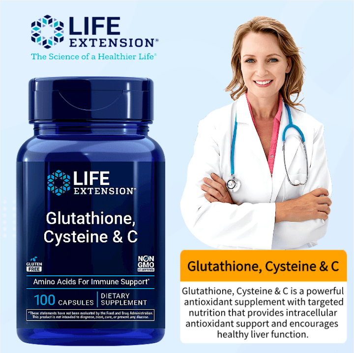 Life Extension Glutathione, Cysteine & C กลูตาไธโอน 100 Capsules สนับสนุนสารต้านอนุมูลอิสระและการดูแลเซลล์