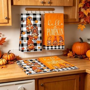 TRONICSER 2Pcs Soft Absorbent Fall Gnome Dish Towels Microfiber Maple Leaf Kitchen Hand Towels Cartoon Thickened Gnome Pumpkin Tea Towel Farmhouse