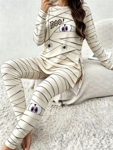 {READY STOCK}Womens Halloween Mummy Boo Spider Pattern 2pcs Set Long Sleeve Slit Top & Stretchy Leggings a Casual Halloween Party Loungewear Set Suitable for Daily Home Wear and Leisure a Stylish Casual Swear Choice