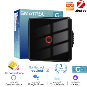 SMATRUL Tuya Zigbee Smart Touch Switch Light Wall Switch No Neutral Wire No Capacitor required 1/2/3 Gang Smart lifeAPP remote control Timing Voice Control On Off switch Tempered glass Electrical For Alexa Google Home Tmall