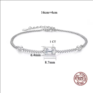1Carat Emerald Cut Moissanite Diamond Bracelet for Women Men 925 Sterling Silver Bezel Set Charm Wrist Chain Fine Jewelry