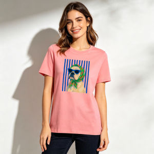 [Local Stock] HBESTY  Cool Bulldog With Sunglasses Floral Bandana Vertical Stripes Women Cotton T Shirt Dog Lover Retro Cartoon Niche Fun Casual Tee