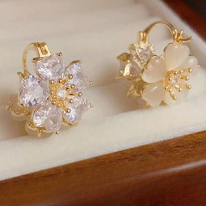 1Pair Two-sided Flower Buckle Opal Earrings Elegant Women Cats Eye Zircon Flower Earrings Jewelry