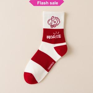 SHENHAO2🎀 1 đôi vớ 2026 năm của Ngựa Đỏ Mùa thu mùa đông ấm áp giữa ống vớ hoạt hình vớ ngựa quà tặng năm mới