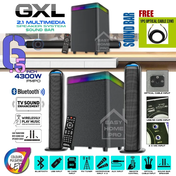 GXL GL-6500TKUSB 6.5 inch Woofer 2.1 Multimedia Speaker System Convertible Soundbar Sound bar with USB/SD/FM Tuner/Remote Control/Karaoke/Bluetooth Receiver
