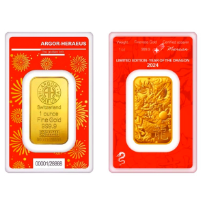 【discount store】1 oz Gold Bar Argor Heraeus - 2024 Lunar Year of the Dragon