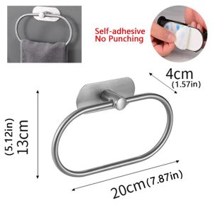304Stainless Steel Towel Holder Self-adhesive Bathroom Towels Rack Black Washhand Hanger Ring Rail Bar Kitchen Storage Accessories