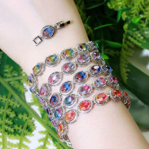 SEQUITO Mystical Tennis Bangles Bracelets Pave Oval Cut Rainbow CZ Stones Women Jewelry Birthday Gift B088