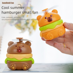 DFH4H 3 Speed Hamburger Bear Handheld Fan Cartoon Low Noise Portable Cooling Fan Childrens Toy USB Rechargeable Small Pocket Travel Fan Kids Gift