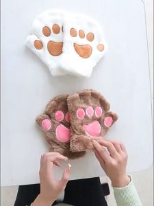 Cartoon Cute Cat Claw Paw Gloves Women Plush Mittens Warm Soft Plush Short Fingerless Fluffy Bear Cat Gloves Costume Half Finger