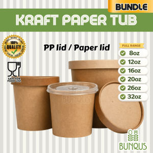 [Bundle] 25pcs Kraft Brown Paper Tub Paper Bowl Porridge Soup Brownie Yogurt Tub 6/8/12/16/20/26/32oz Container with Lid