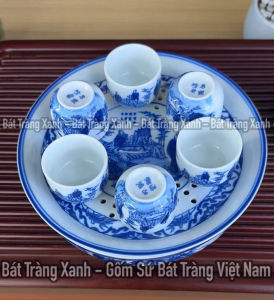 Bộ Ấm Pha Trà Men Lam Nắp Lõm Khay Thủng Hai Tầng Bát Tràng Trúc Lâm Thất Hiền - Ấm Quai Đồng Dung Tích 390ML
