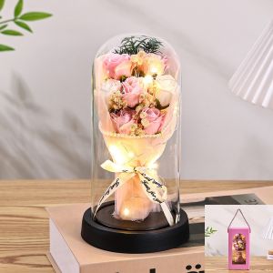 7 Eternal Roses Soap Flower Rose Glass Cover Flower Comes with Gift Bag and Lamp Strap Valentines Day Christmas Mothers Day Birthday Gift Ornament