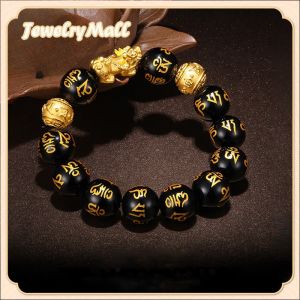 18k gold pawnable saudi gold original Obsidian Gold Pixiu stone Bracelet Fortune Luck 12MM Bracelet for women and men gift lucky charm for money 2024 Feng Shui Black Authentic Obsidian Wealth Bracelet - Pixui Piyao Charms Money Magnet Bracelet