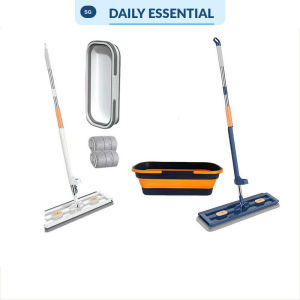 【DAILY ESSENTIAL】 Hands-Free Flat Mop with Foldable Bucket Set/42cm Wide Mop Head/No Installation Needed