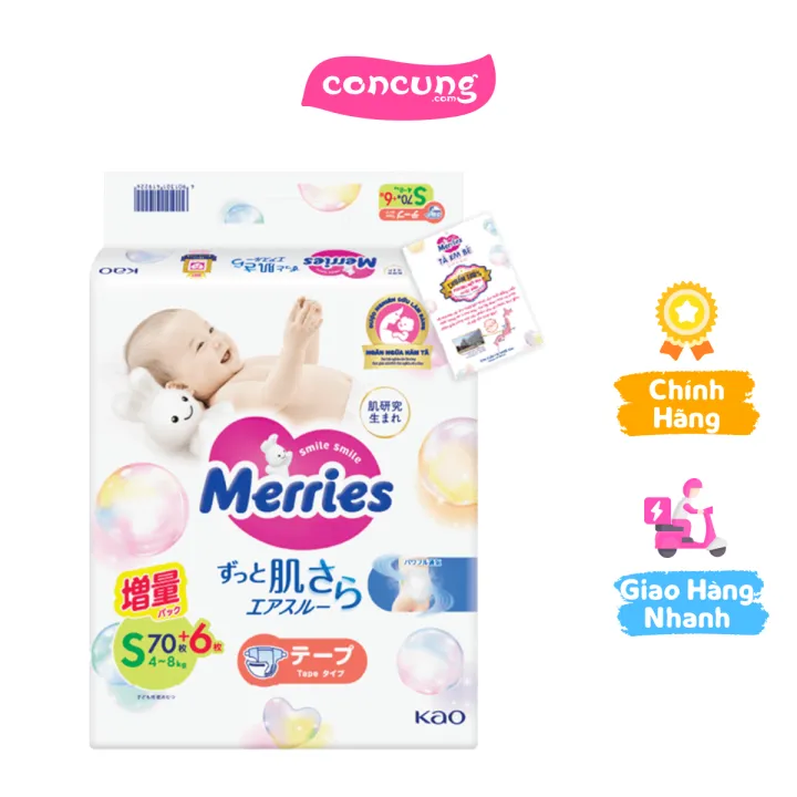 Tã dán Merries nội địa (S, 4-8kg, 70 + 6 miếng)