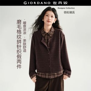GIORDANO Women Jackets Fake Two-Piece Knit & Woven Jackets Button Closure Fashionable Casual Relaxed Plaid Jackets 18376217