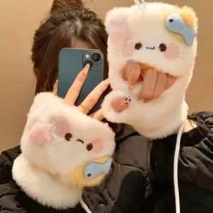 Cartoon Cute Cat Plush Fingerless Gloves Winter Soft Warm Student Women Flip Gloves Thickened Cold Protection