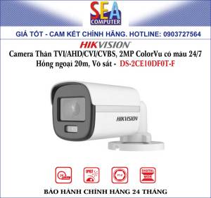 HIKVISION Camera Thân TVI/AHD/CVI/CVBS 2MP ColorVu có màu 24/7 Hồng ngoại 20m Võ sắt - DS-2CE10DF0T-F