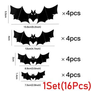 64/16PCS Halloween Decoration 3D Black Bat DIY Decals Hollow Bar Wall Sticker Halloween Room Party Scary Decos Props Removable