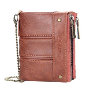 Baellerry Dompet Uang Lipat Zipper D3230 Anti Copet / Maling RFiD Dengan Rantai Panjang Bahan Kulit PU Kilat Lilin Lembut Tebal