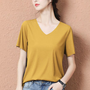 SUGAR New Ice Silk Short Sleeve T-shirt Spring/Summer Solid Color Womens Traceless Thin V-Neck T-shirt White Loose Top