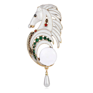 White Horse Crystals Brooch Shimmering Pearls Detail Sturdy Alloy Construction Elegant Accessory