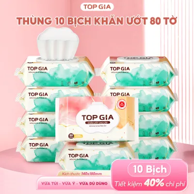 Thùng 10 bịch Khăn ướt cao cấp Topgia 80 tờ mềm mại Khăn giấy ướt không mùi tiết kiệm an toàn cho mọi làn da