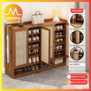 MIZONA 2/3/4 Door Multilayer Bamboo Shoe Cabinet Rack Dustproof And Breathable Rak Kasut Almari Bertutup Rattan