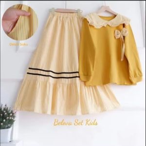 Setelan Blus dan Rok Anak Perempuan Belova - Motif Garis dengan Saku Siku - Usia 3-13 Tahun