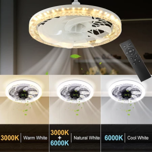 2‑In‑1 LED Ceiling Fan Light Smart Remote Control Silent Crystal Fan Chandelier Modern 3‑Color Dimmable Flush Mount Ceiling Fan For Living Room Bedroom Kitchen