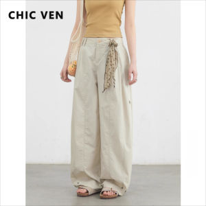 CHIC VEN Womens Pants Solid Loose High Waist Slim Wide Leg Trousers Casual Thin Female Sport Pant Spring Summer 20252026