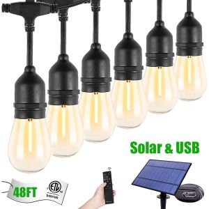 15M 15 หลอดไฟ หลอดไฟสีแสงอุ่น โคมไฟพลังงานแสงอาทิตย์ สายไฟกันน้ำ IP65 สายไฟสำหรับใช้กลางแจ้ง Solar Light Bulb with Remote Control ควบคุมด้วยรีโมทคอนโทรล มีโหมดการใช้งานให้เลือกหลายแบบ
