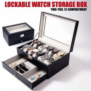 12 Slot PU Leather Lockable Watch Storage Boxes 2-Tier Organizer Watch Showcase Drawer Case Display