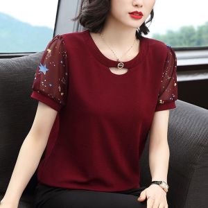 Summer Korean Style Plus Size Women Round Neck Short Sleeve Chiffon Loose Casual Blouse
