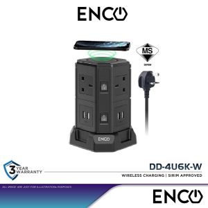 Enco 4u6k-w Black(6 Gang Wireless Charging) SIRIM Approved Vertical Tower Extension Socket UK Plug Adapter Power Strip with 4 USB Port 2M Cable Cord