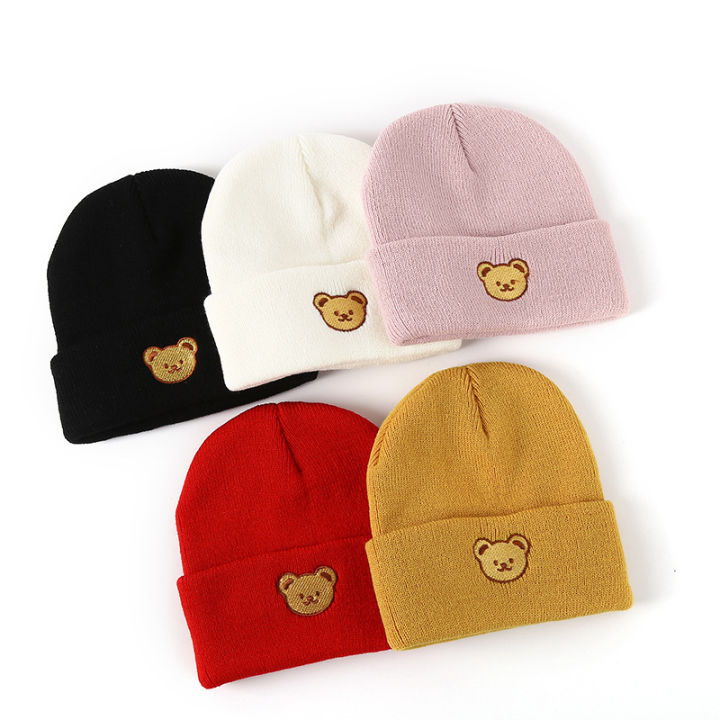 Cute Bear Embroidery Baby Cap Knitted Warm Kids Hats For Boys Girls Autumn  Winter Toddler Beanie Casual Solid Color Hat