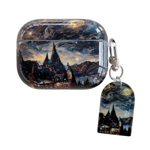 【New】IMD Earphone Protective Case Art Colorful Painting Starry Sky Castle & Starry Sea Pattern with Pendant For AirPods Gen 1/2 Gen 3 4 Pro Pro2 Earphones