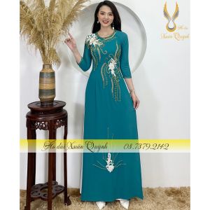 Áo Dài Dạ Hội 4 Tà Đính Kết Hoa Thêu Tay Thủ Công M02 Xanh Thiên Lý - Áo Dài Xuân Quỳnh