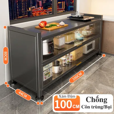 Tủ nhà bếp 3 tầng đa chức năng Tích hợp lưu trữ + bàn làm việc 2 trong 1 Chất liệu thép carbon dày Bịt kín 6 mặt