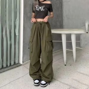 Celana Cargo Wanita Highwaist Loose Casual Impor Premium Kargo Serut Saku Retro Korean Style Terbaru