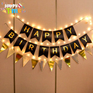 Happy Time Banner Flags Happy Birthday Wall Background Design Letter Foil Banner Set With LED Light Party Supplies Birthday Christening Decortions Diy Backdrop For Photoshoot Set