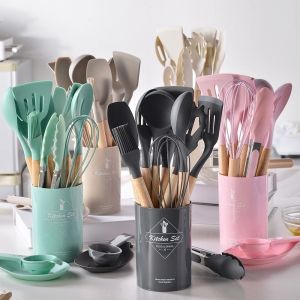HUNIU 12pcs Thân thiện với môi trường Bộ dụng cụ nhà bếp 12 món Đa chức năng Chịu nhiệt Bộ dụng cụ nấu ăn không dính Thực tế Xẻng nướng bánh Bộ dụng cụ nhà bếp bằng silicone Sử dụng trong bếp
