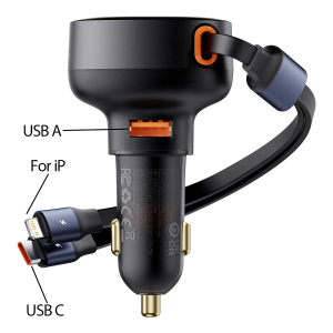 Baseus 2-in-1 Car Charger PD 60W Fast Charging USB C With Retractable Cable Quick Charging Phone Charger Type C For Xiaomi iP 15 14