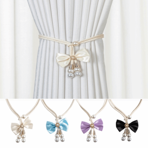 LONE TIMES 2Pcs Modern Bows Curtain Tiebacks Adjustable Minimalist Curtain Holdbacks Elegant Pearl Pendant Curtain Ties Sheer Curtains