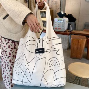 Korean Ins Chic Canvas Graphic Large Capacity Shoulder Bag Bhopping Bag 011283